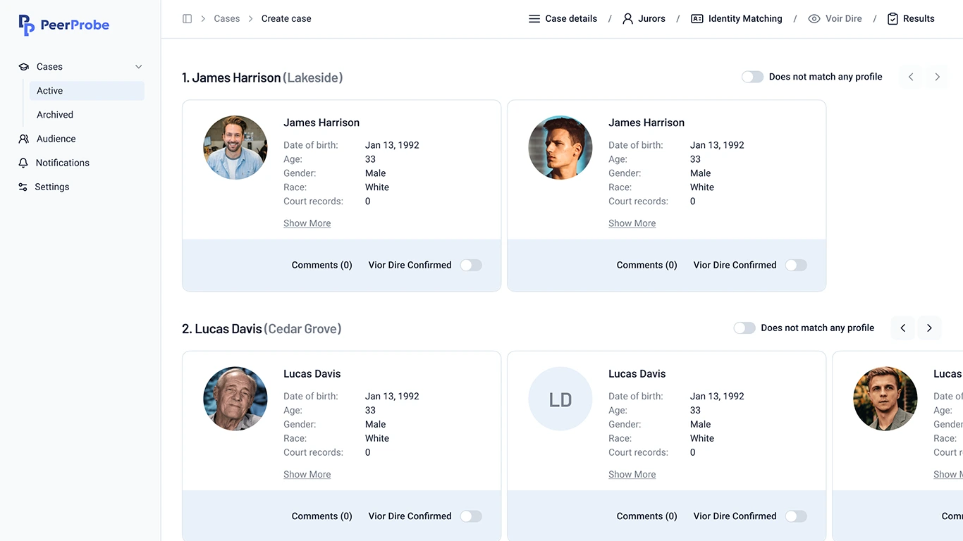 PeerProbe identity matching screen comparing candidate profiles for each juror