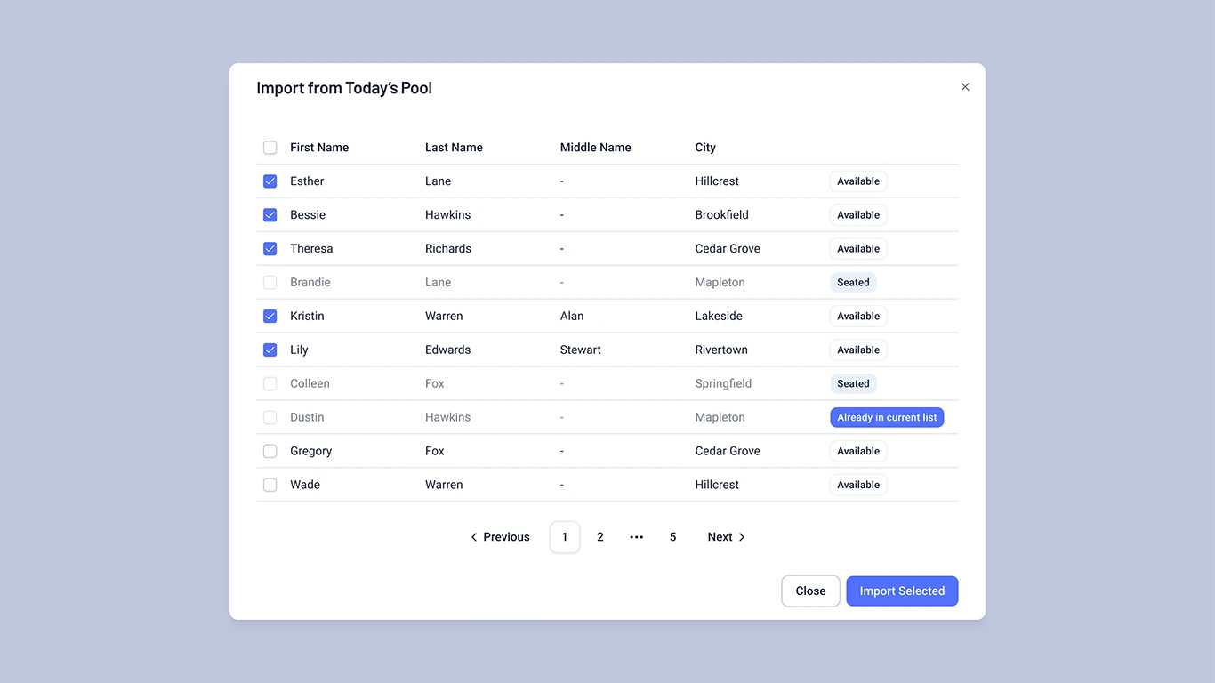 PeerProbe import screen listing the day's jury pool with available and seated jurors